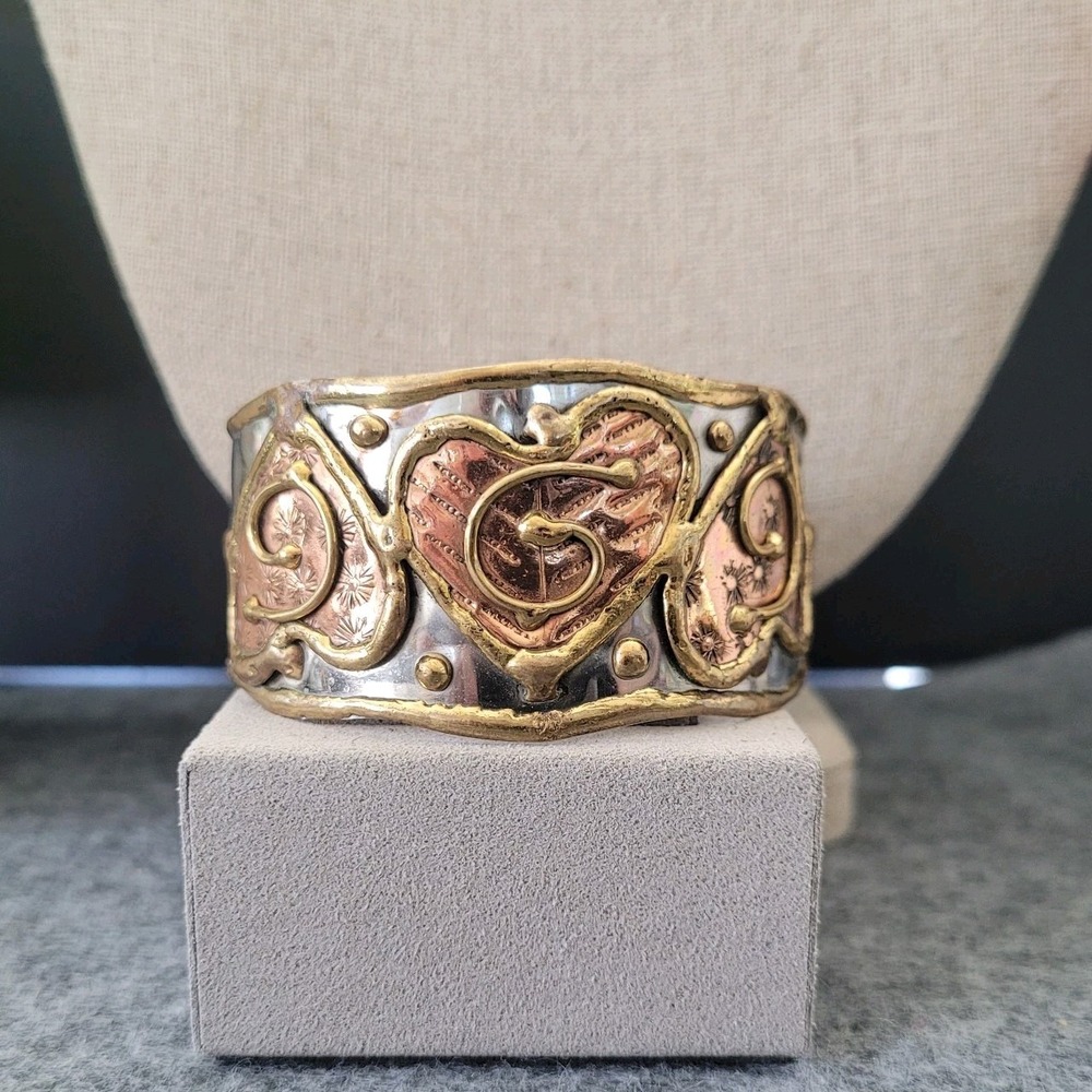 Brutalist Mixed Tone Hammered Wide Cuff Bracelet Statement 6.75in